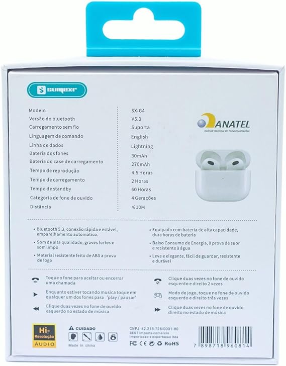 Fone De Ouvido Sem Fio Sumexr TWS Smart Touch V5.3 4° Geração Branco - Imagem 3